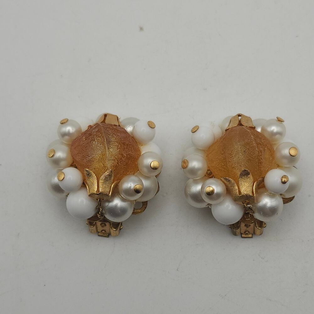 Vintage Faux Pearl Frosted Amber Cabochon Cluster Clip On Earrings Gold Tone